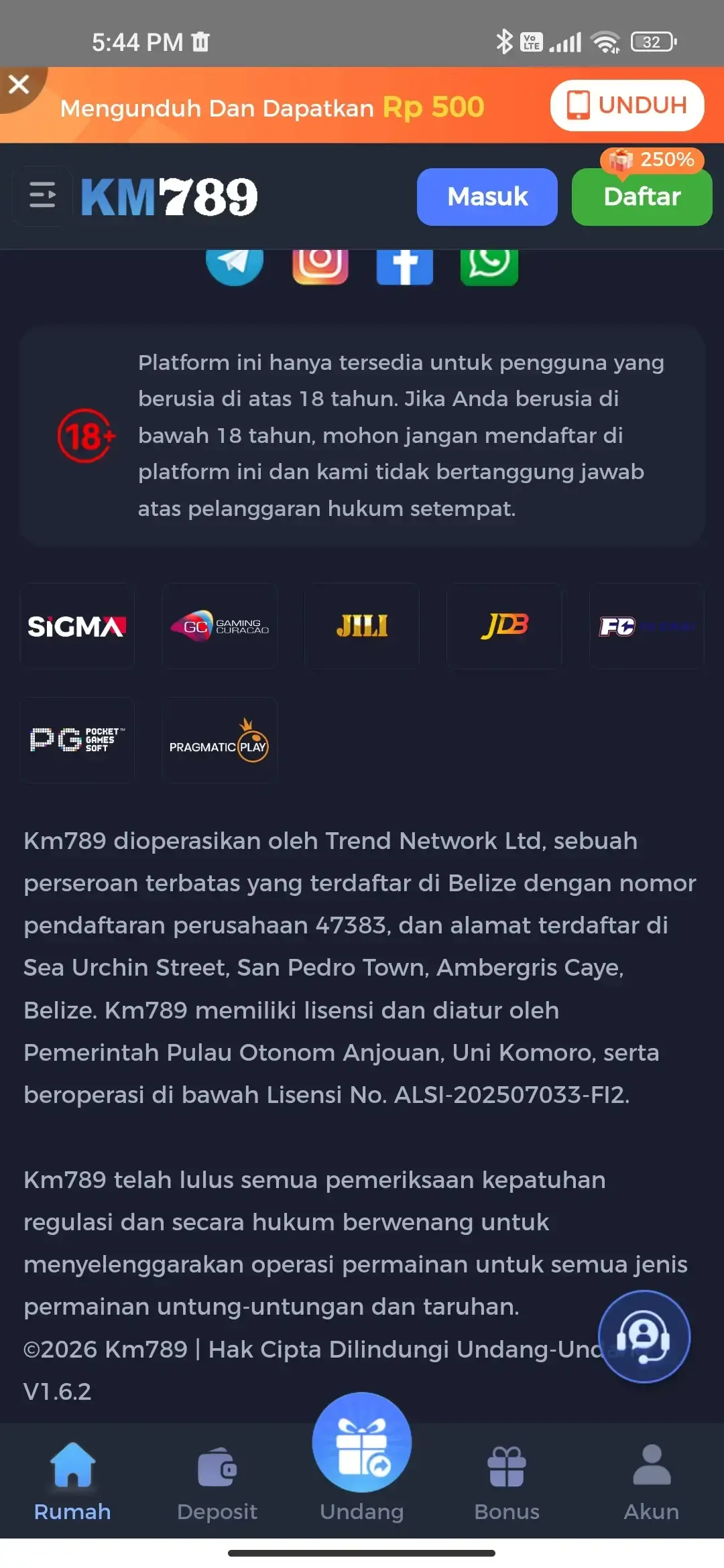 KM789 informasi lisensi dan footer