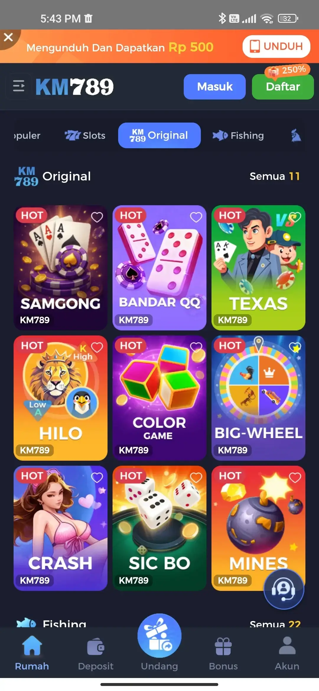 KM789 kategori game slot dan fishing