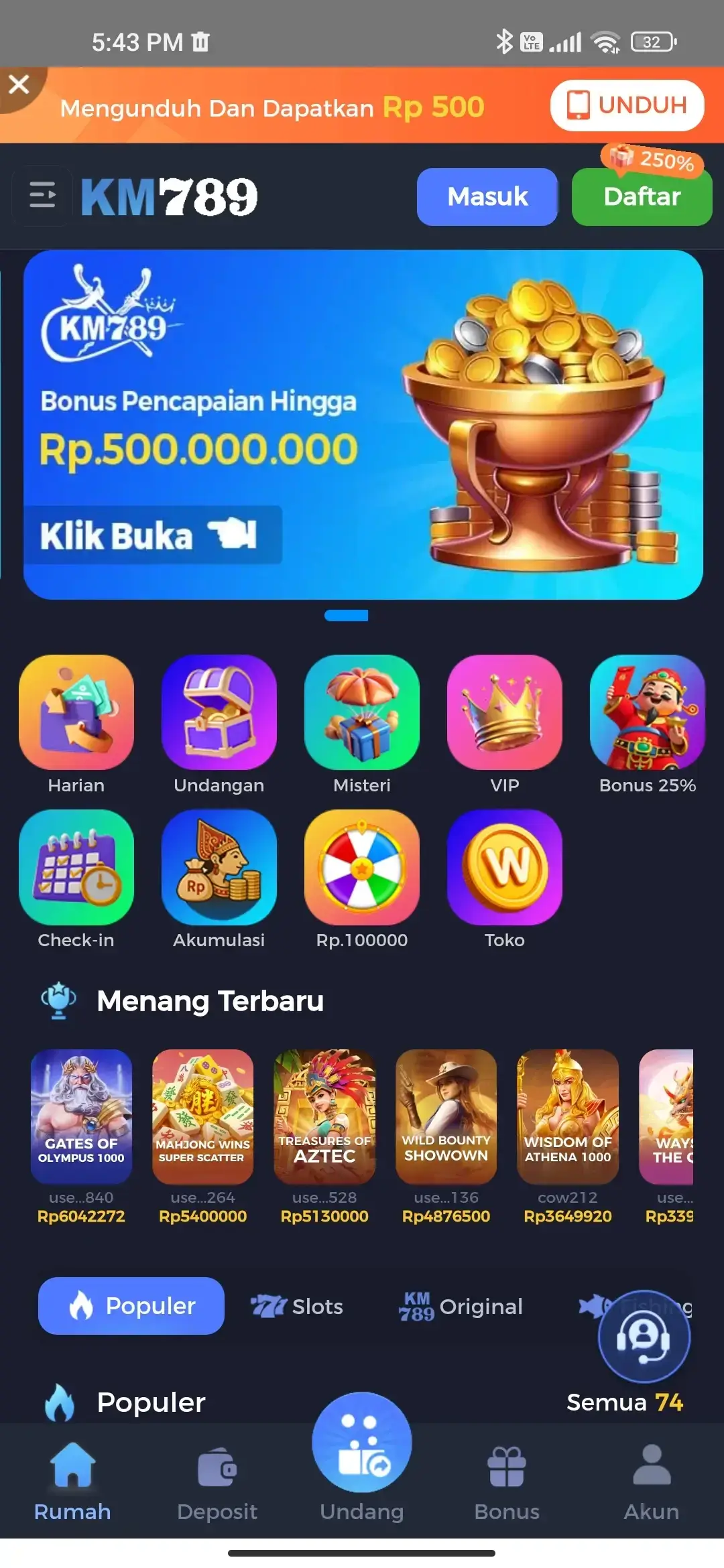 KM789 APK homepage dengan bonus harian